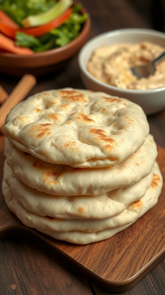 Quick Pita Bread Recipe Freshly baked pita bread stacked on a wooden board with bowls of hummus and vegetables in the background.
